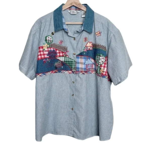 Victoria Jones  Woman 22W Short Sleeve Cotton Button Shirt Embroidery Cottage - Picture 1 of 12